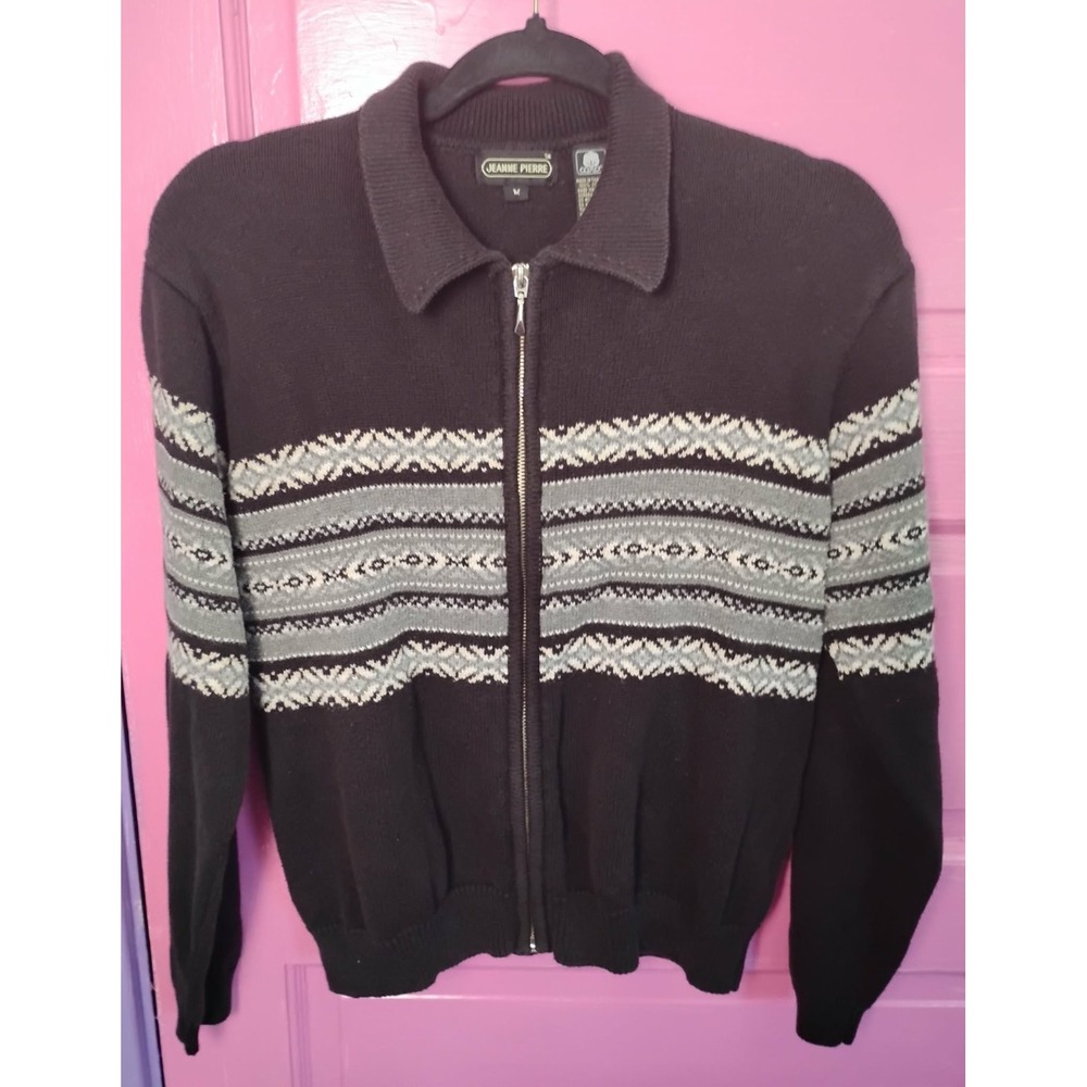 Vintage Medium Jeanne Pierre 100% Cotton Full Zip Black Sweater Nordic Style Ski